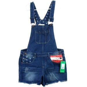 Tipsy Elves Womens Freedom Overalls Denim Stars Stripes American Flag Shorts M